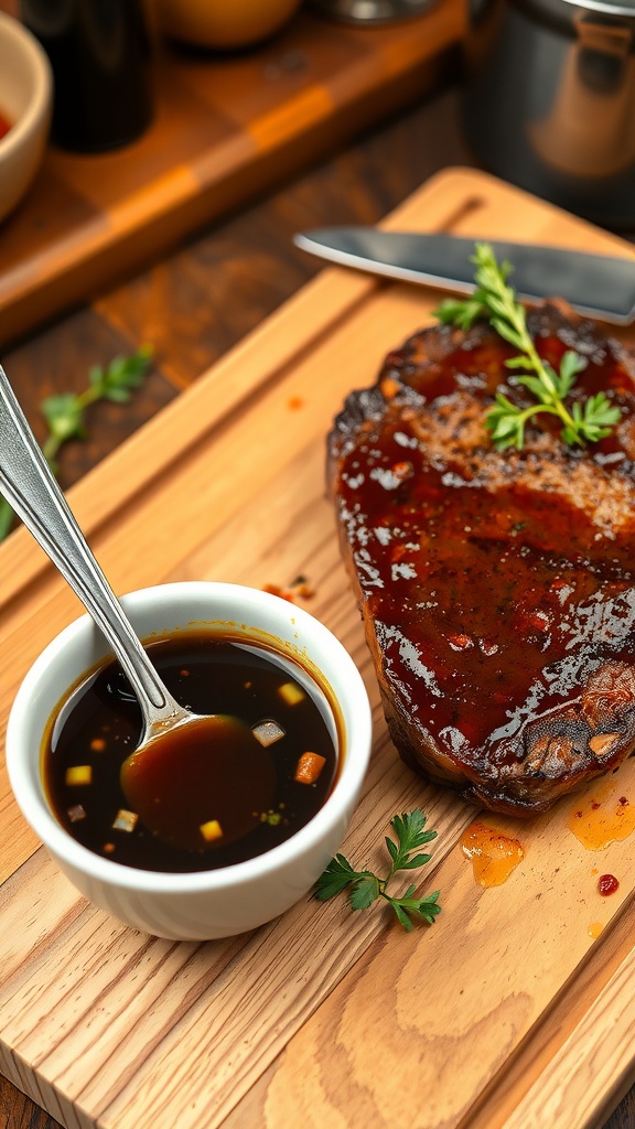 Rich and Savory Steak Jus Recipe A bowl of dark steak jus beside a medium-rare steak garnished with herbs on a rustic cutting board.